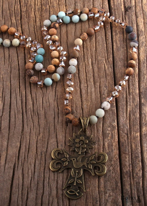 Boho Necklace, RH Precious Lava Stone, Cross and Bird